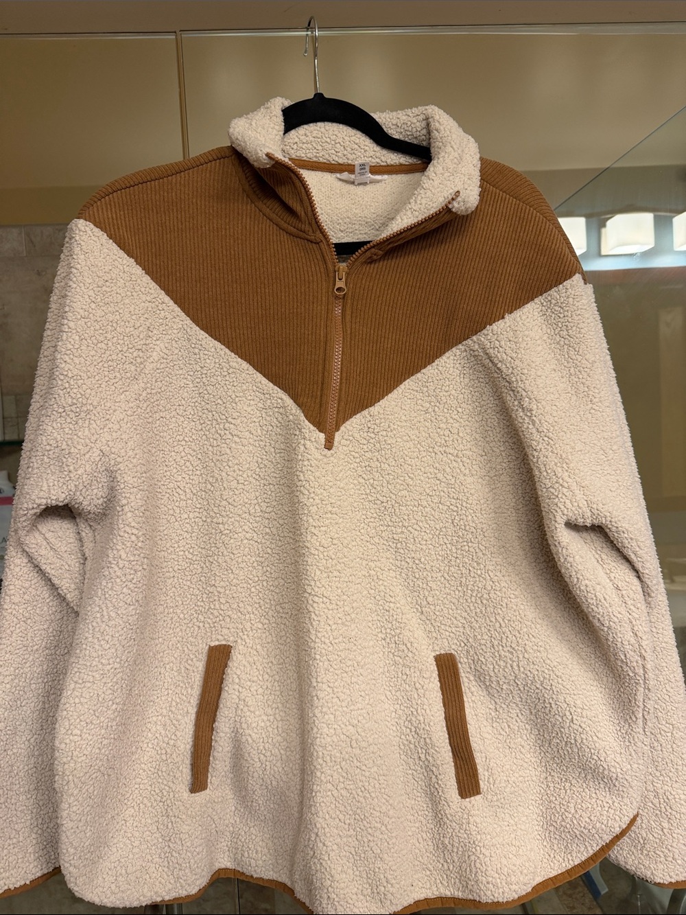 Time and Tru Cream and Brown Sherpa Half-Zip Pullover